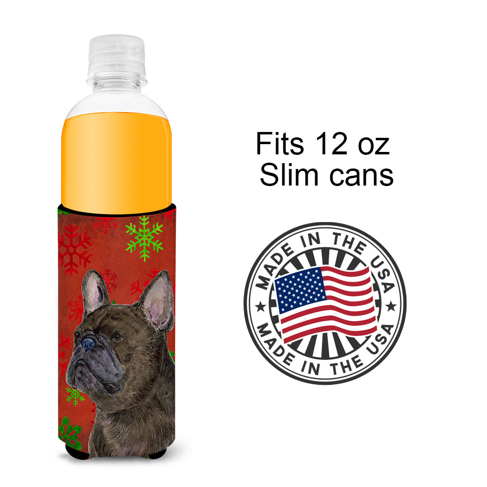 French Bulldog Red and Green Snowflakes Holiday Christmas Ultra Beverage Insulators for slim cans SS4726MUK.