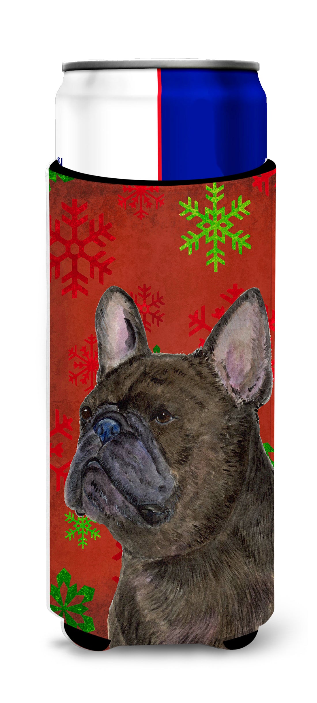 French Bulldog Red and Green Snowflakes Holiday Christmas Ultra Beverage Insulators for slim cans SS4726MUK.