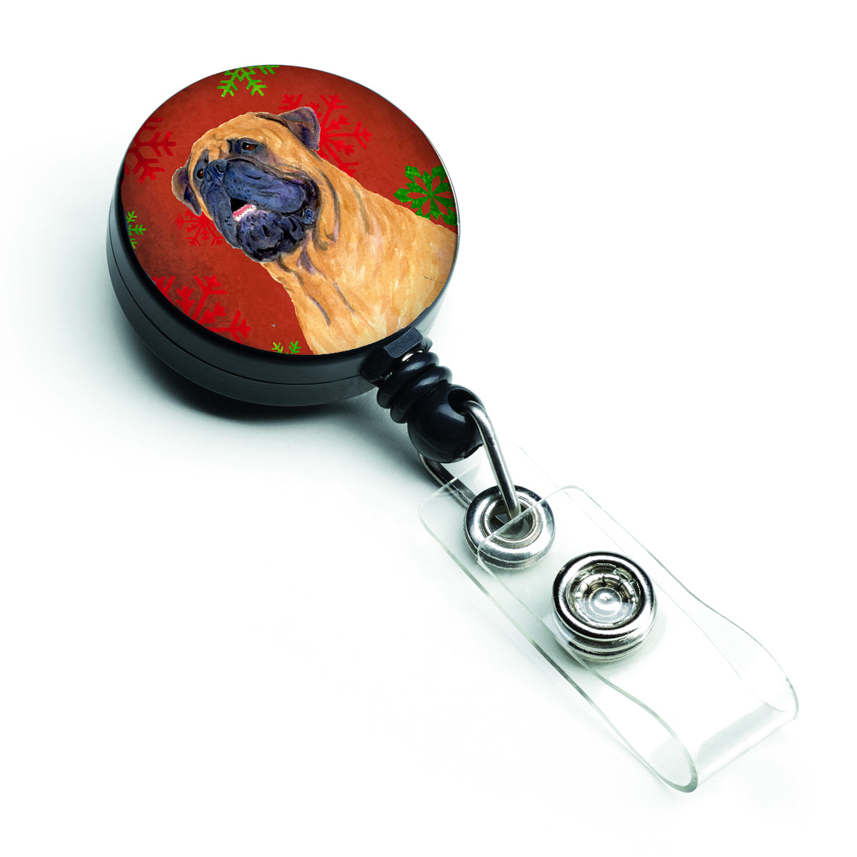 Mastiff Red and Green Snowflakes Holiday Christmas Retractable Badge Reel SS4727BR