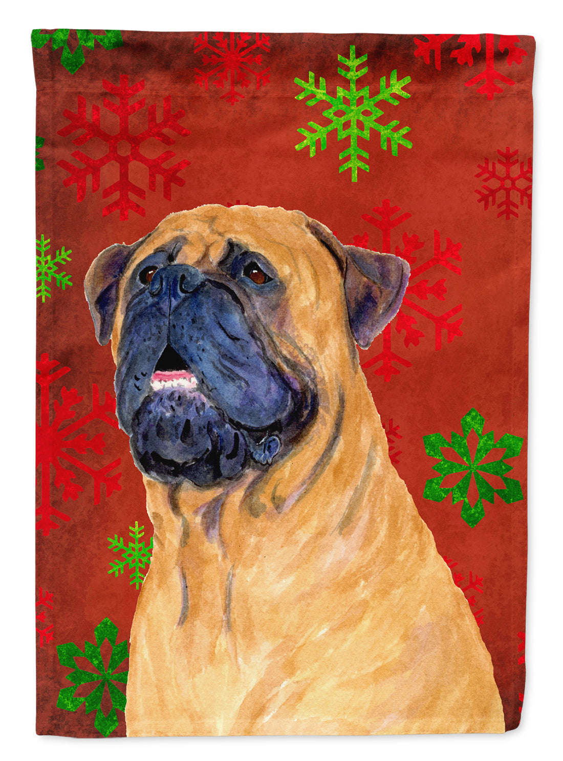 Mastiff Red and Green Snowflakes Holiday Christmas Flag Garden Size