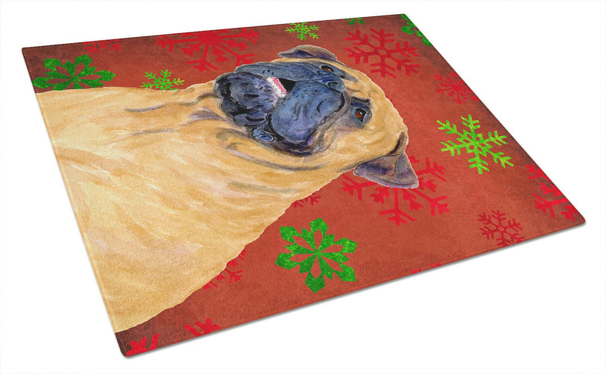 Mastiff Red and Green Snowflakes Holiday Christmas Glass Cutting Board Large by Caroline&#39;s Treasures