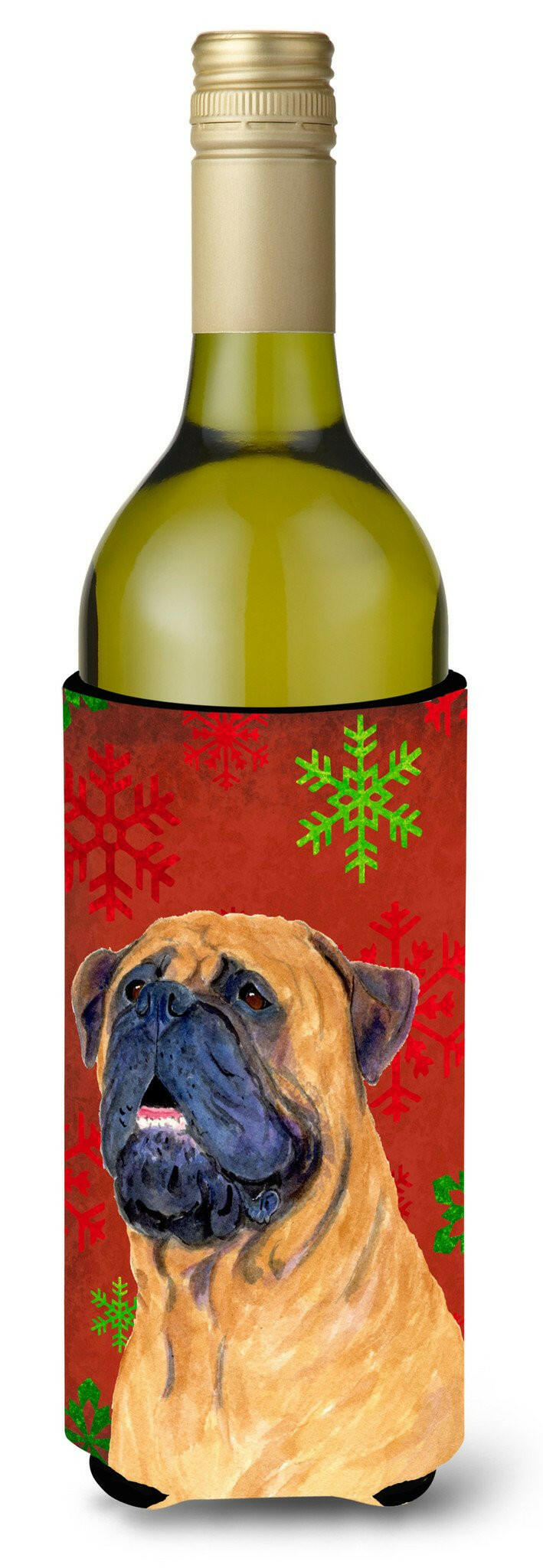 Mastiff Red and Green Snowflakes Holiday Christmas Wine Bottle Beverage Insulator by Caroline&#39;s Treasures