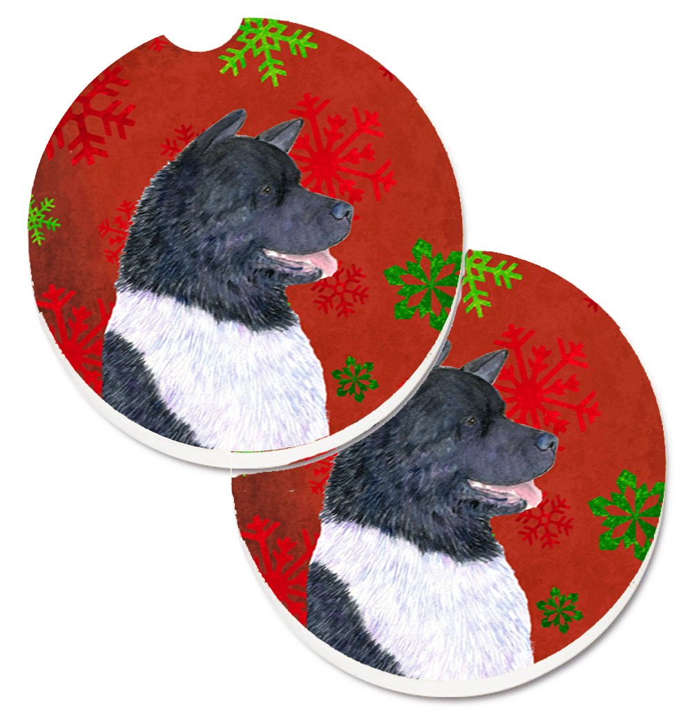 Akita Red and Green Snowflakes Holiday Christmas Set of 2 Cup Holder Car Coasters SS4728CARC by Caroline&#39;s Treasures