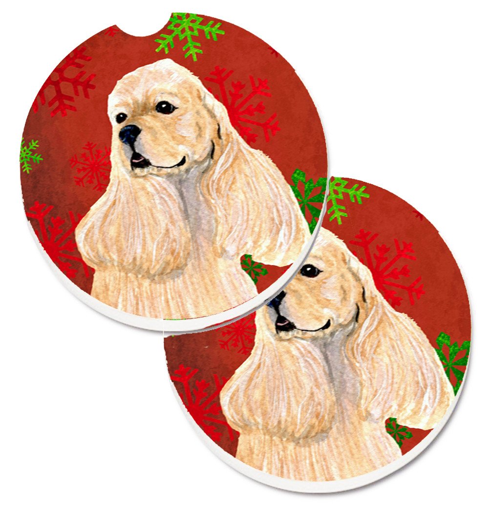 Buff Cocker Spaniel Red Green Snowflakes Christmas Set of 2 Cup Holder Car Coasters SS4729CARC by Caroline&#39;s Treasures