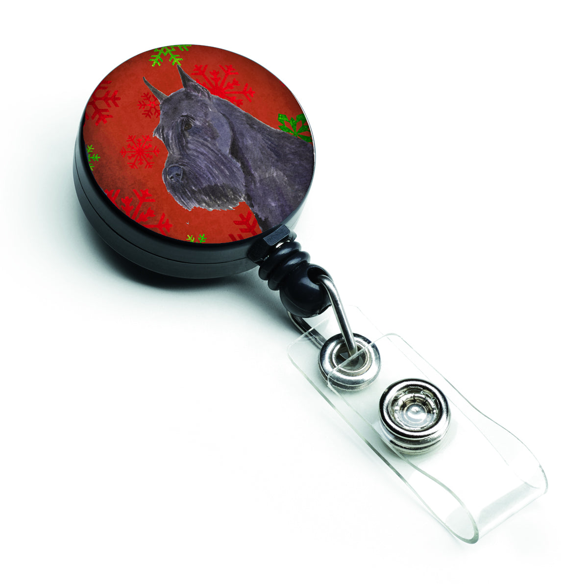 Schnauzer Red and Green Snowflakes Holiday Christmas Retractable Badge Reel SS4730BR  the-store.com.