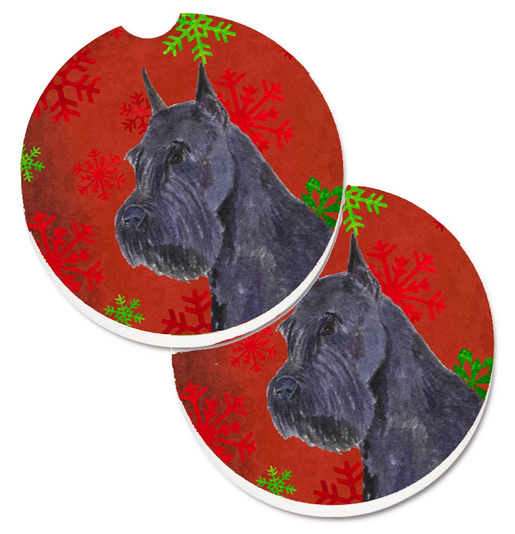 Schnauzer Red and Green Snowflakes Holiday Christmas Set of 2 Cup Holder Car Coasters SS4730CARC by Caroline&#39;s Treasures