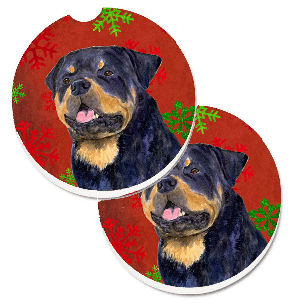 Rottweiler Red and Green Snowflakes Holiday Christmas Set of 2 Cup Holder Car Coasters SS4731CARC by Caroline&#39;s Treasures