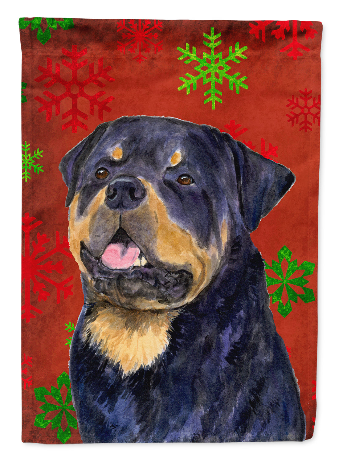 Rottweiler Red and Green Snowflakes Holiday Christmas Flag Canvas House Size  the-store.com.