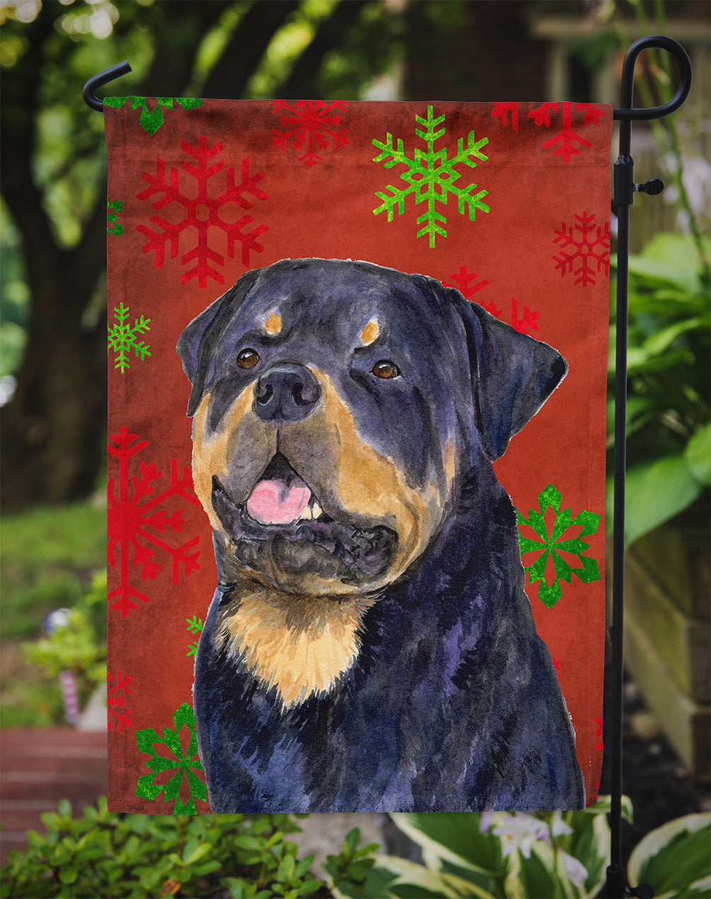 Rottweiler Red and Green Snowflakes Holiday Christmas Flag Garden Size.