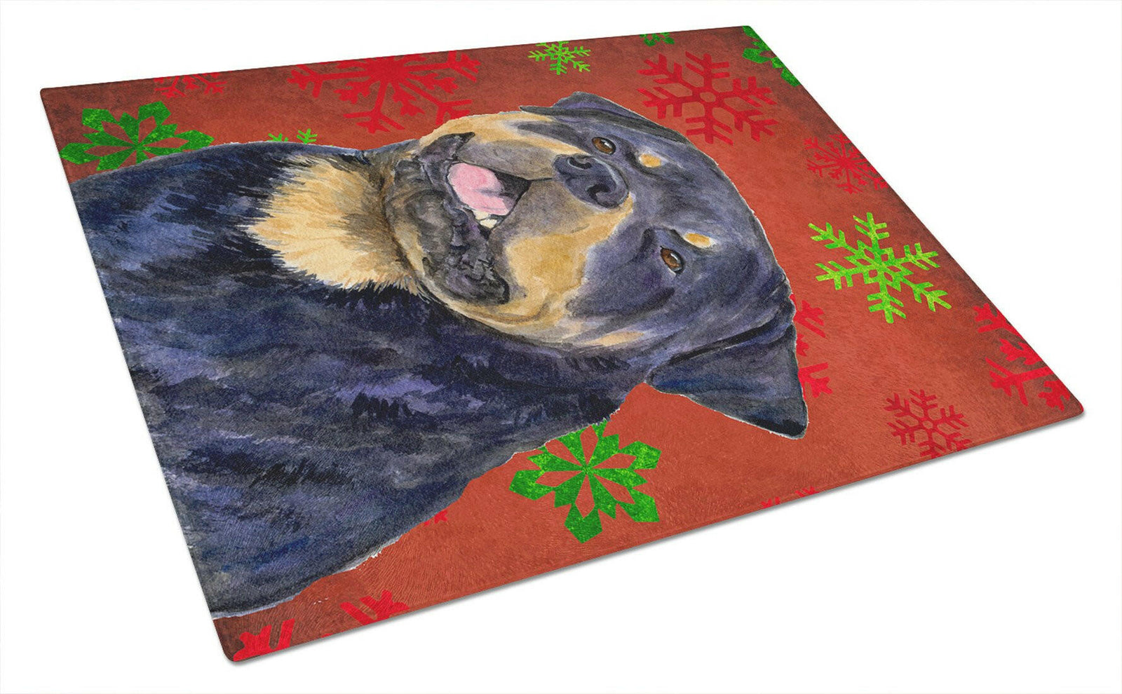 Rottweiler Red and Green Snowflakes Holiday Christmas Glass Cutting Board Large by Caroline's Treasures