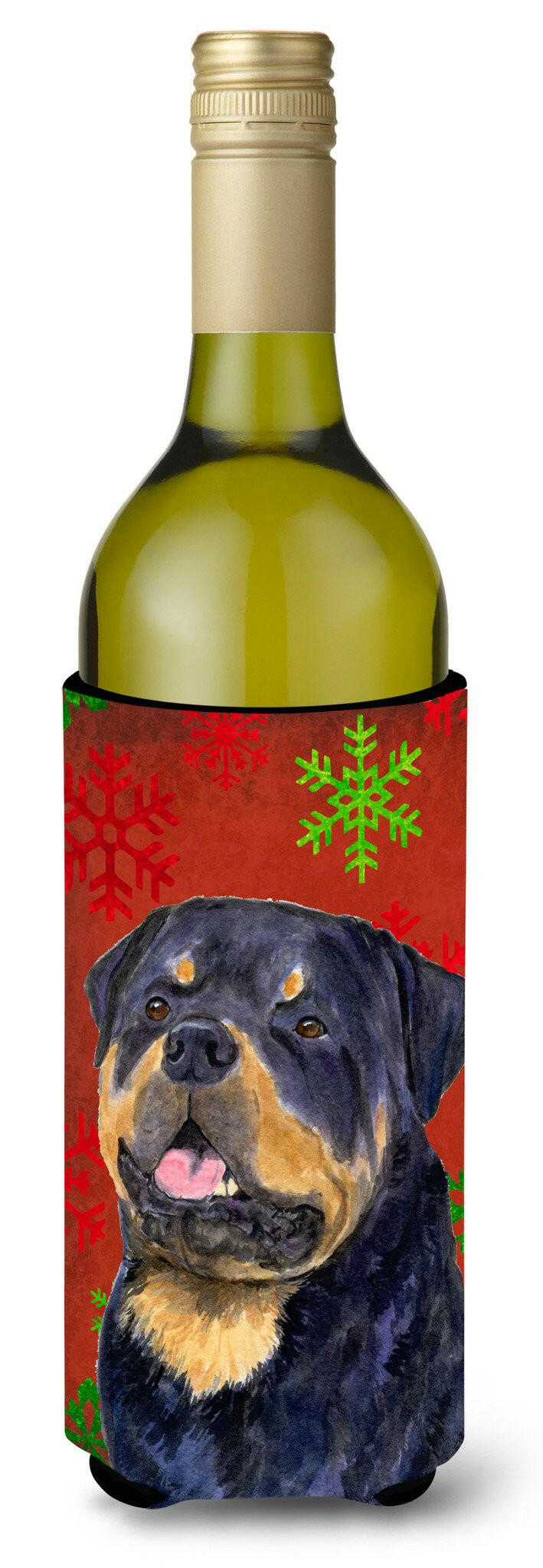 Rottweiler Red and Green Snowflakes Holiday Christmas Wine Bottle Beverage Insulator Beverage Insulator Hugger by Caroline's Treasures