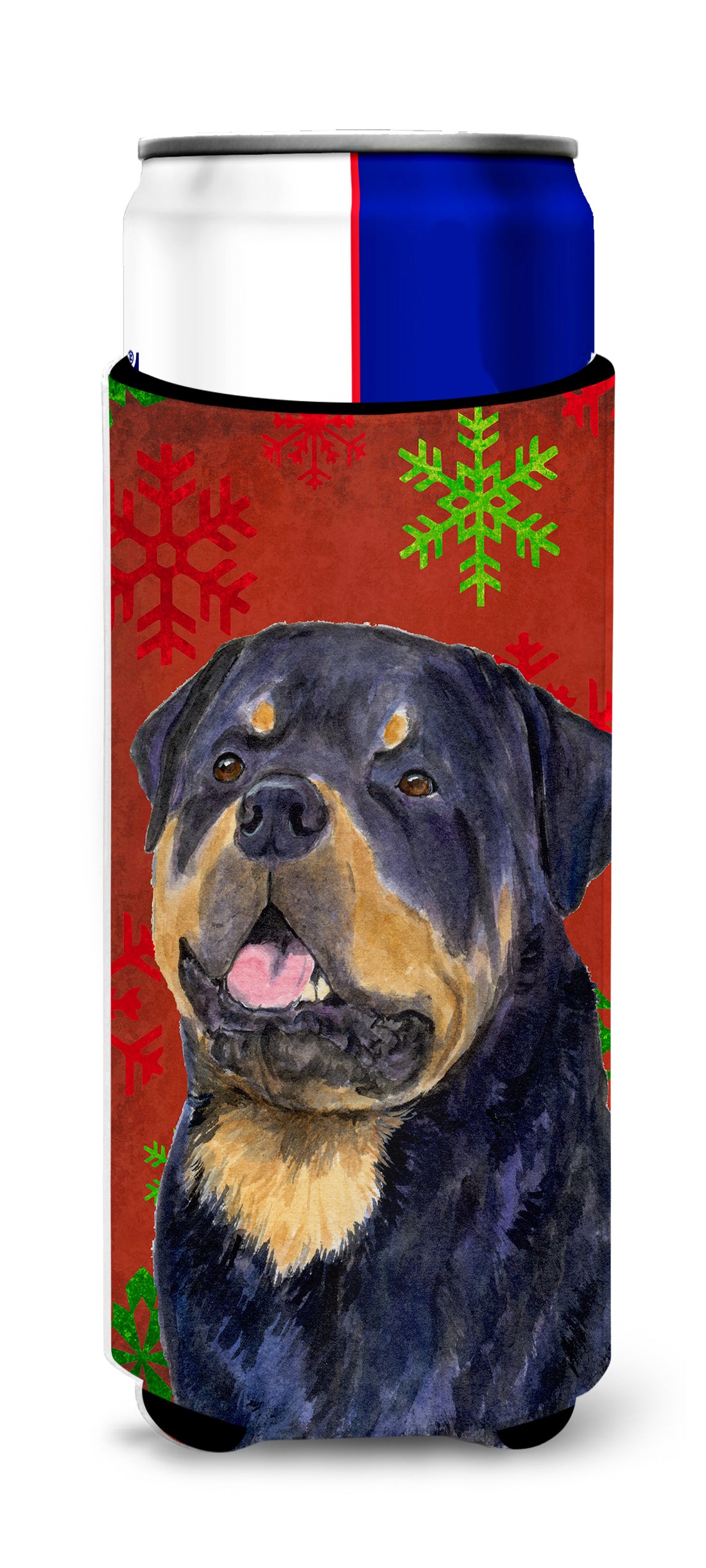 Rottweiler Red and Green Snowflakes Holiday Christmas Ultra Beverage Insulators for slim cans SS4731MUK.