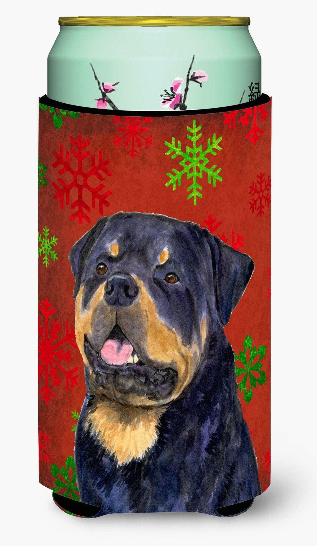 Rottweiler Red and Green Snowflakes Holiday Christmas  Tall Boy Beverage Insulator Beverage Insulator Hugger by Caroline&#39;s Treasures