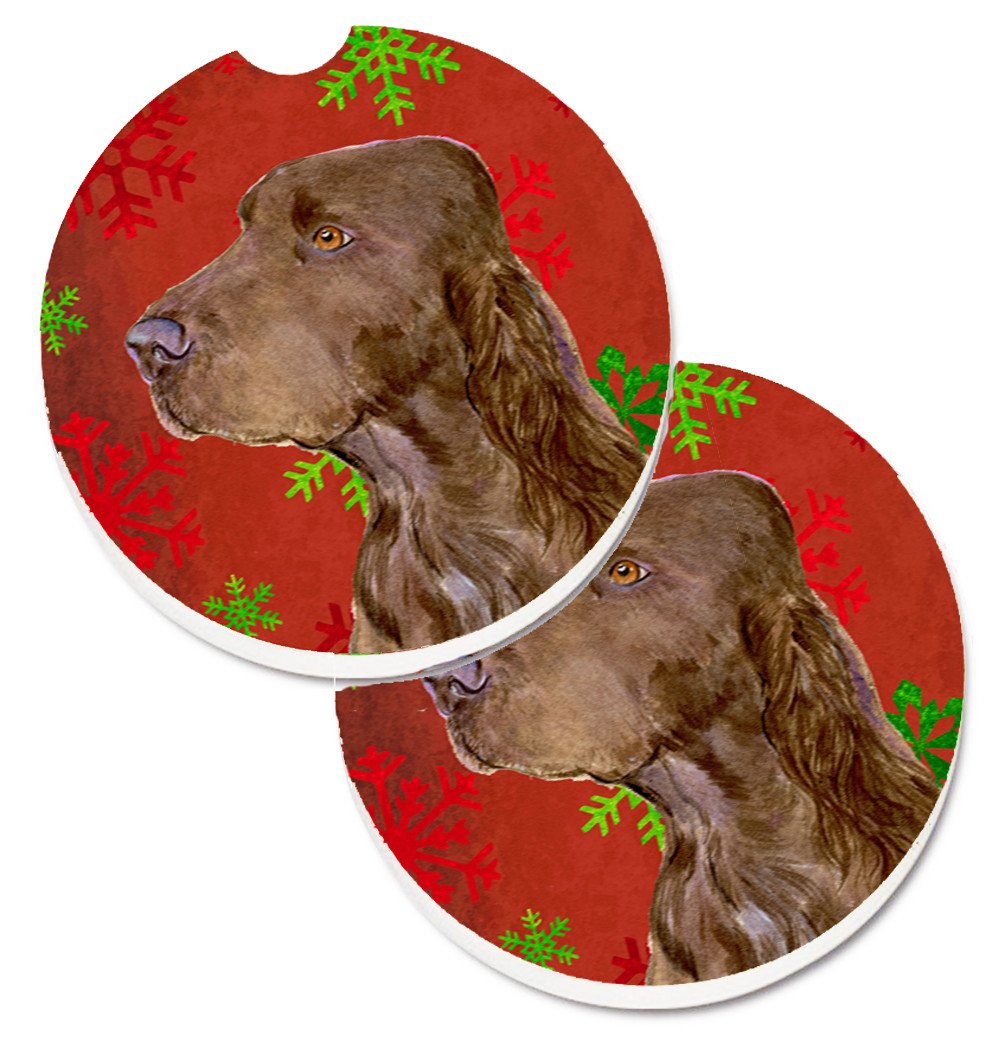Field Spaniel Red and Green Snowflakes Holiday Christmas Set of 2 Cup Holder Car Coasters SS4732CARC by Caroline&#39;s Treasures