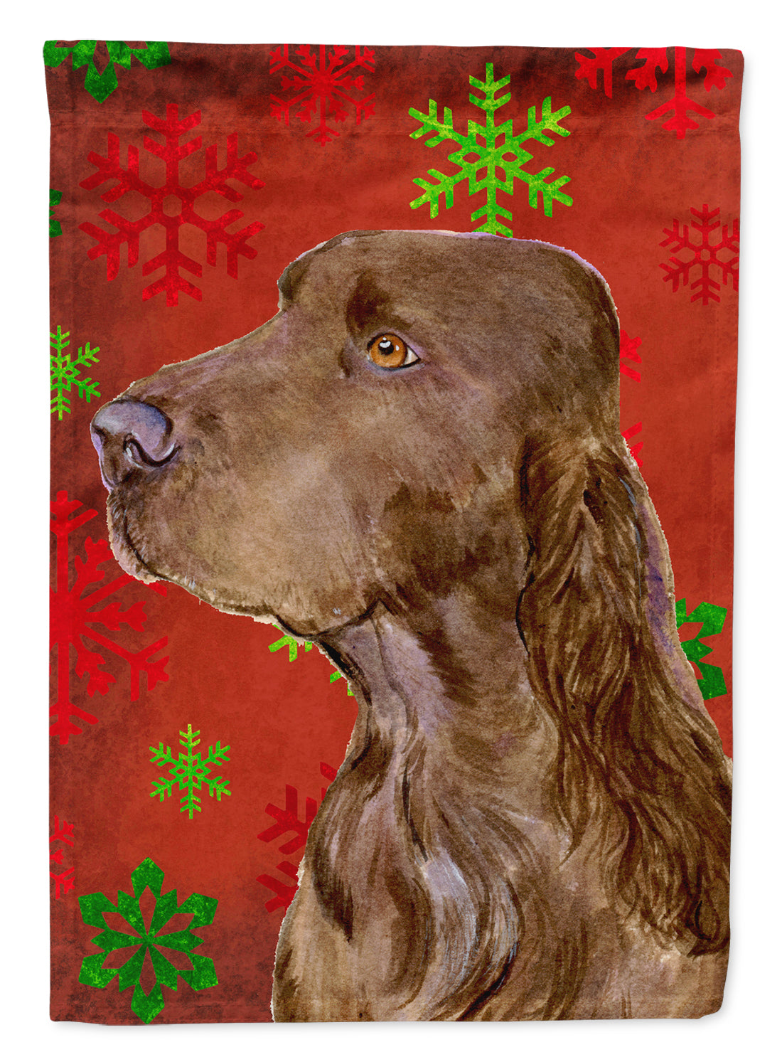 Field Spaniel Red and Green Snowflakes Holiday Christmas Flag Canvas House Size