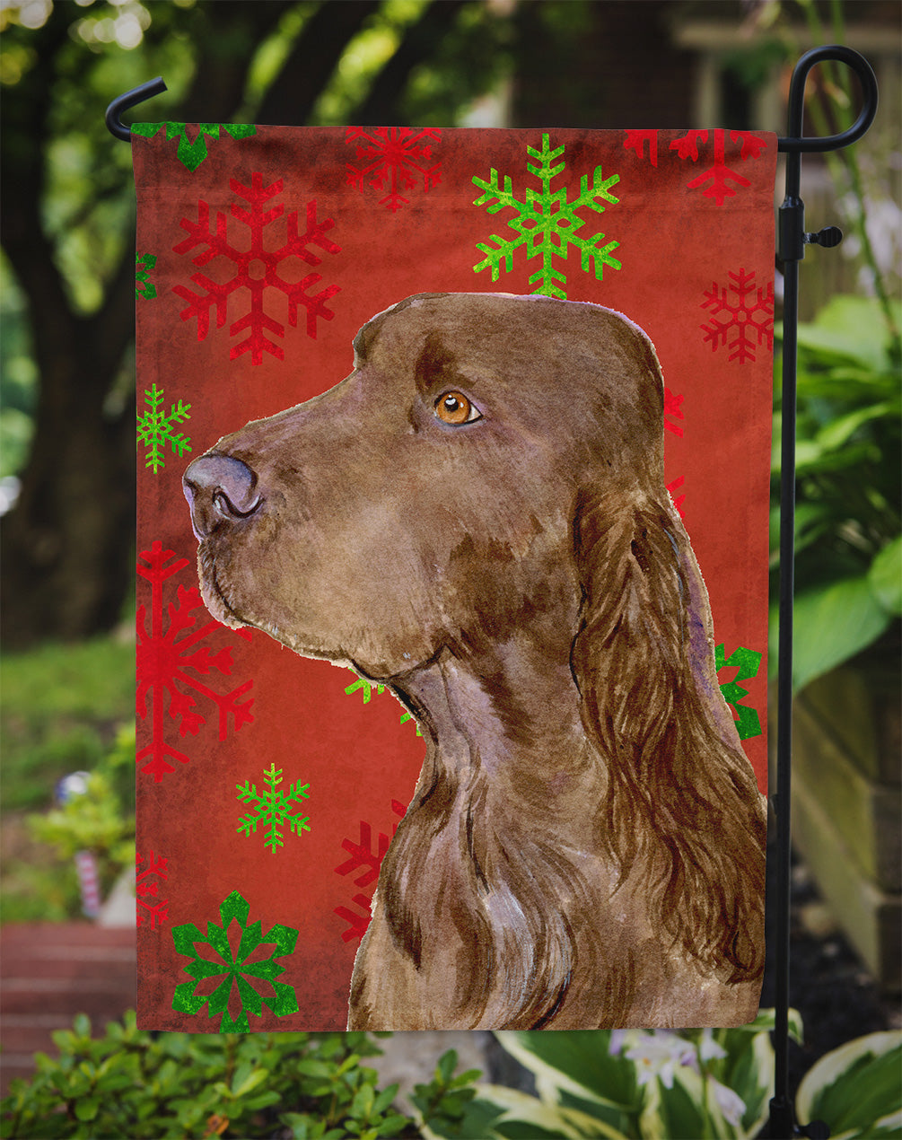 Field Spaniel Red and Green Snowflakes Holiday Christmas Flag Garden Size.