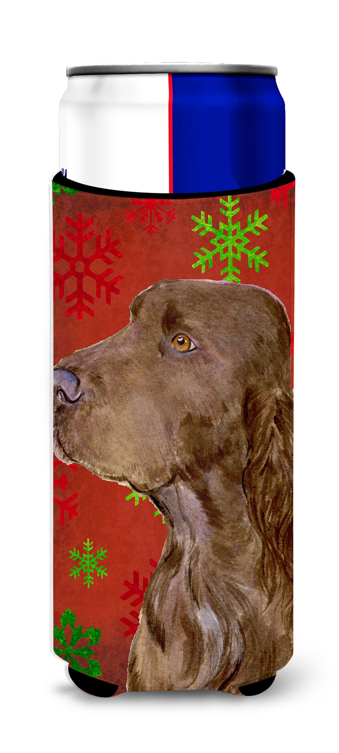 Field Spaniel Red and Green Snowflakes Holiday Christmas Ultra Beverage Insulators for slim cans SS4732MUK.