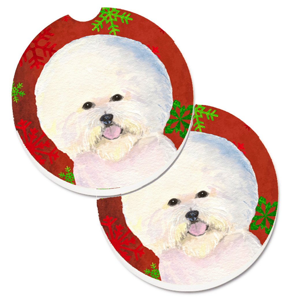 Bichon Frise Red and Green Snowflakes Holiday Christmas Set of 2 Cup Holder Car Coasters SS4733CARC by Caroline&#39;s Treasures