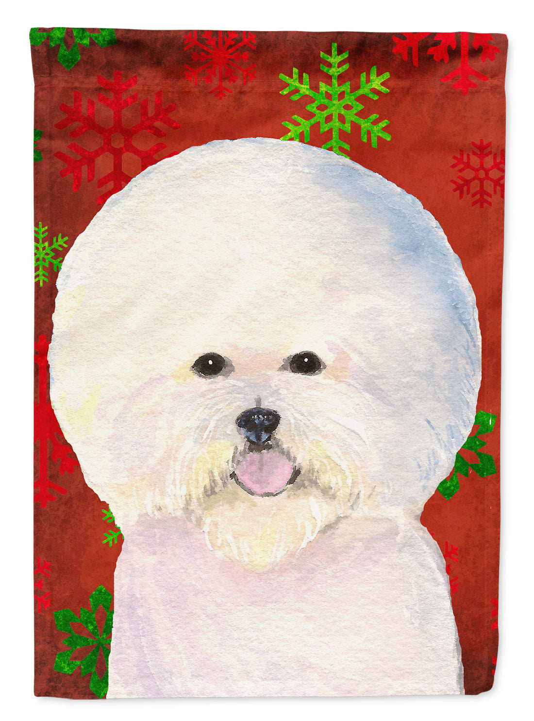Bichon Frise Red and Green Snowflakes Holiday Christmas Flag Garden Size.