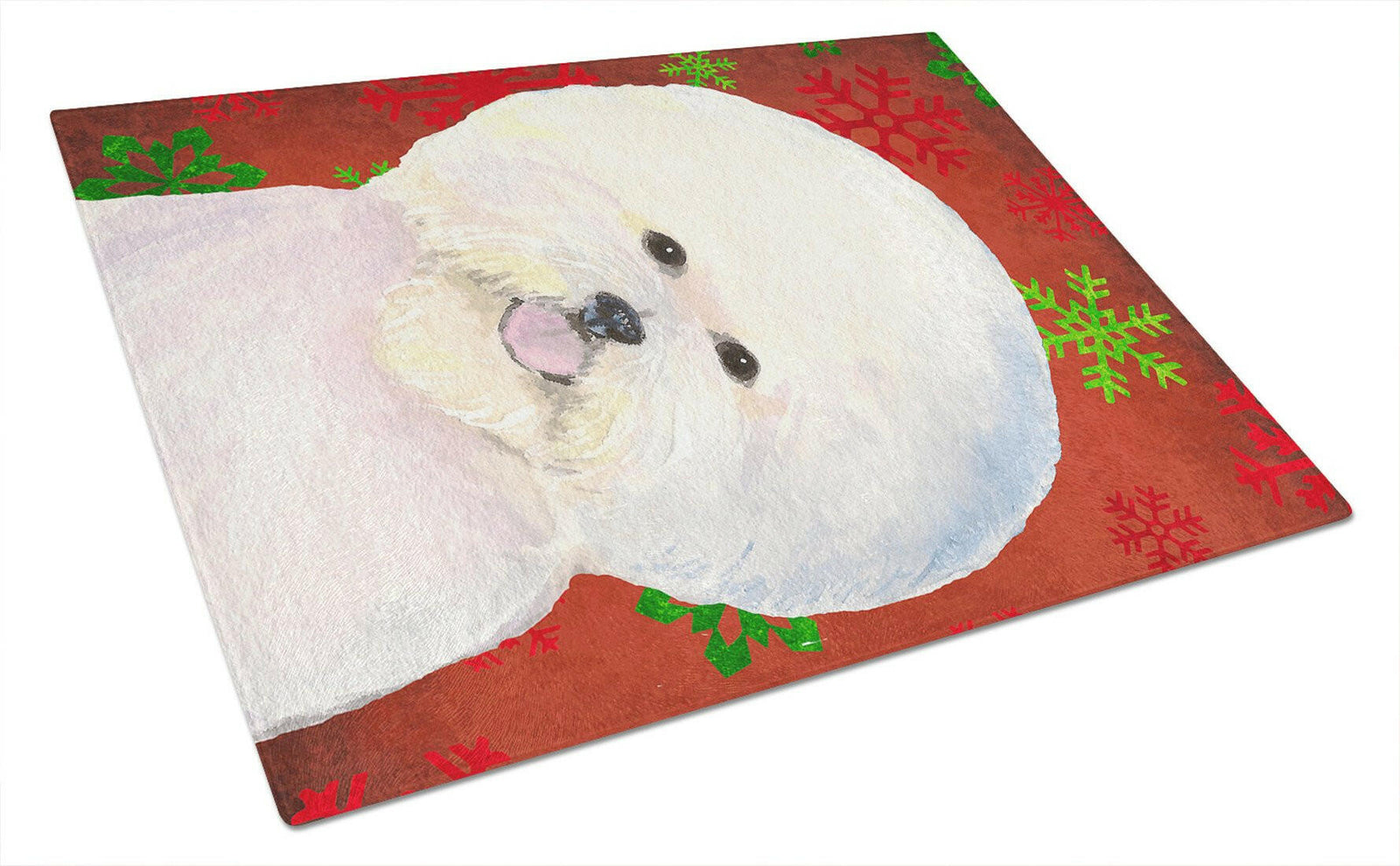 Bichon Frise Red and Green Snowflakes Christmas Glass Cutting Board Large by Caroline's Treasures