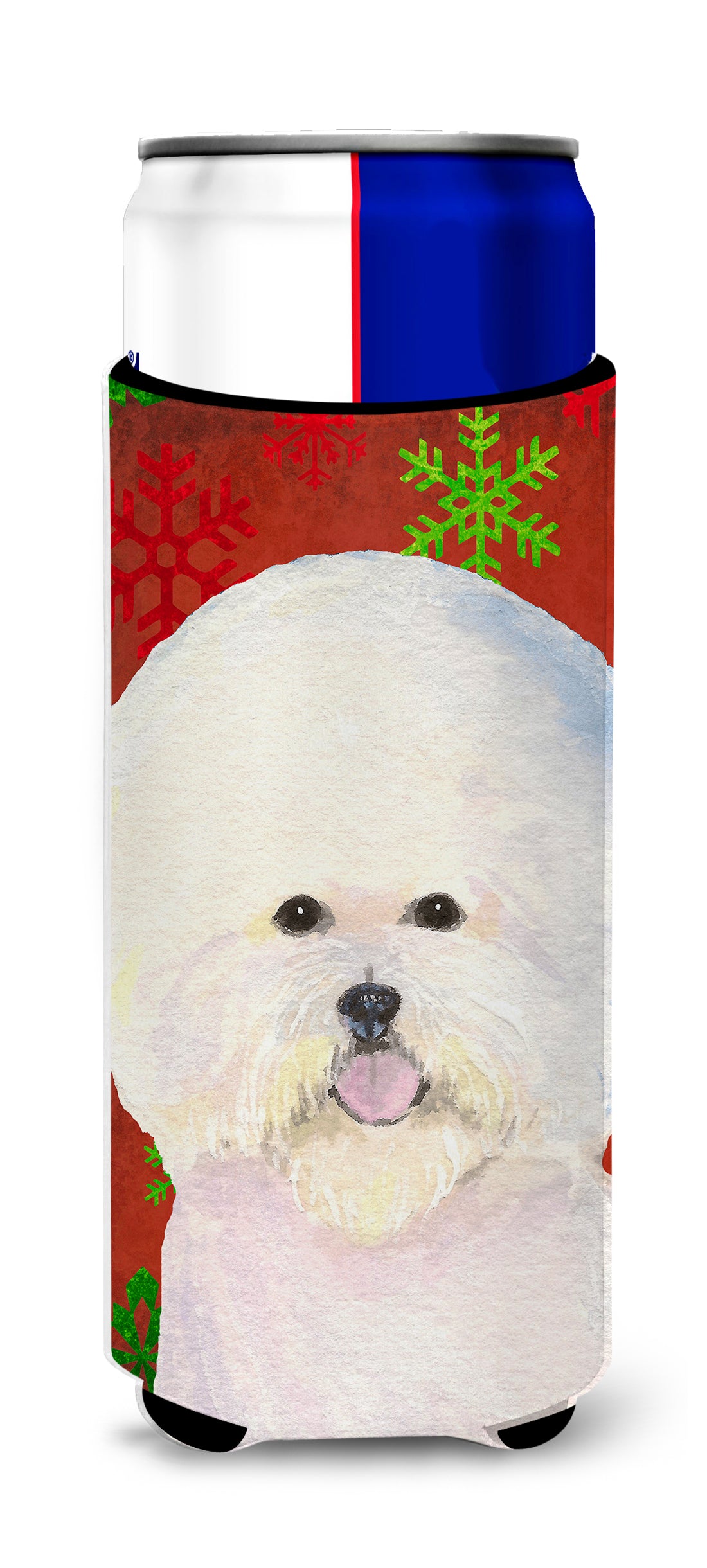 Bichon Frise Red and Green Snowflakes Holiday Christmas Ultra Beverage Insulators for slim cans SS4733MUK.