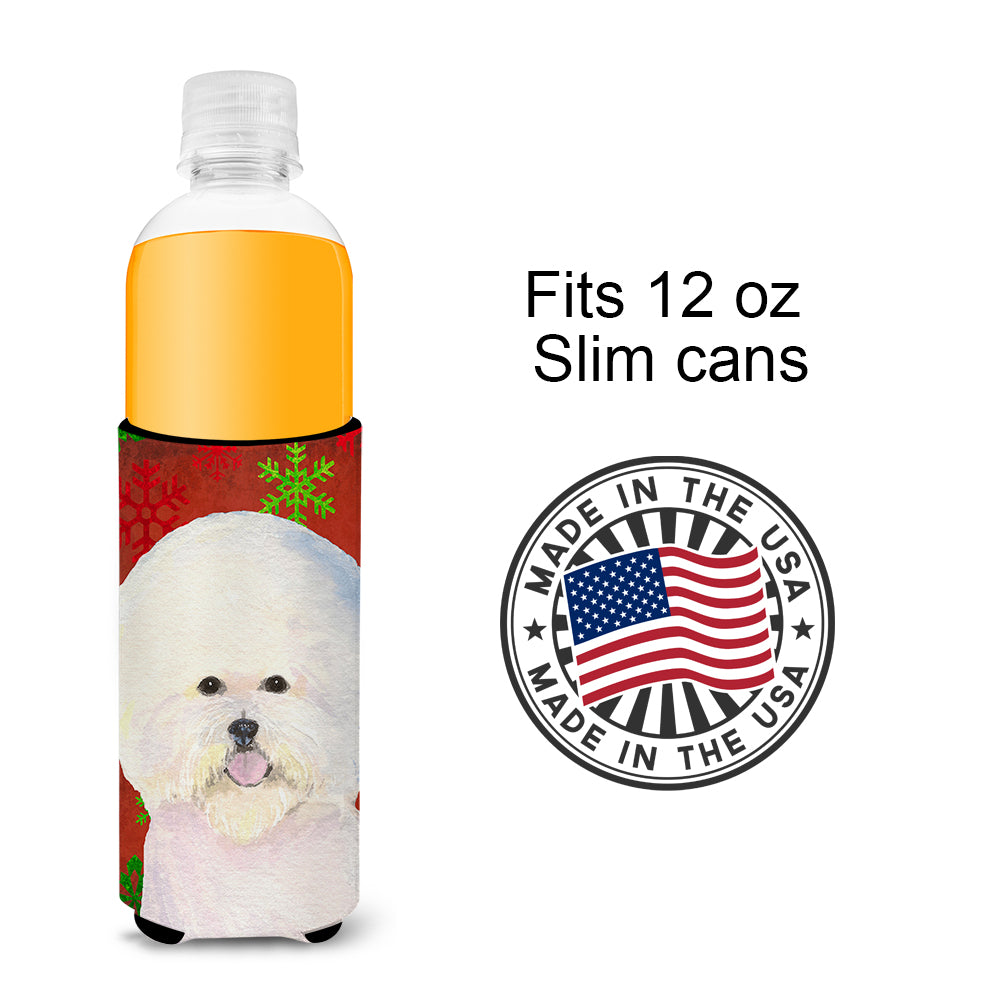Bichon Frise Red and Green Snowflakes Holiday Christmas Ultra Beverage Insulators for slim cans SS4733MUK.
