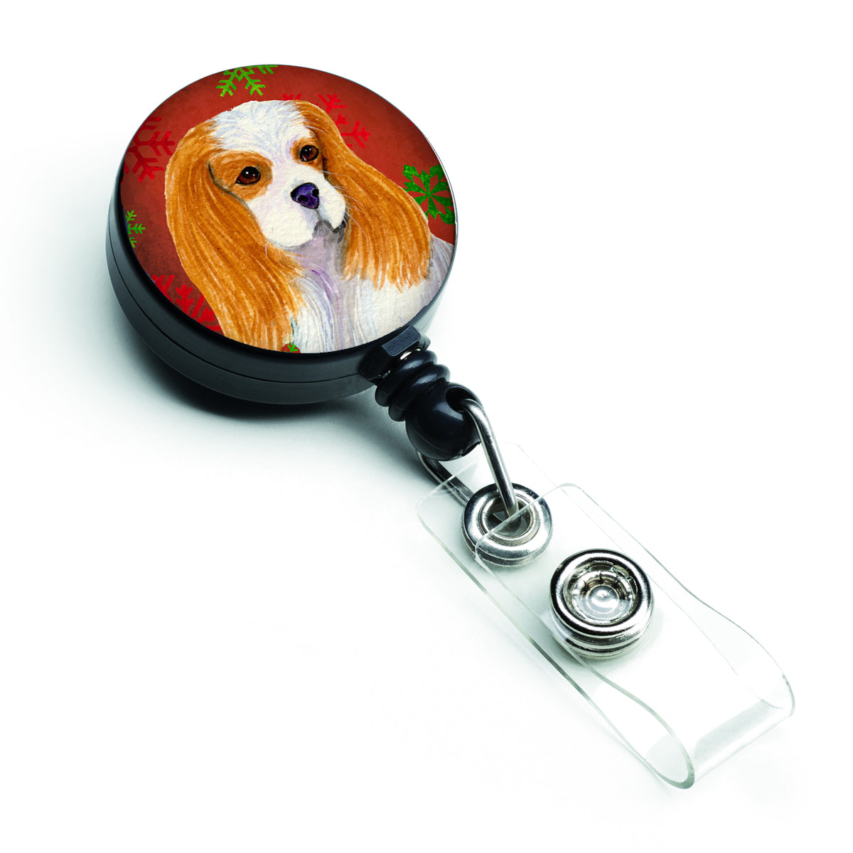Cavalier Spaniel Red and Green Snowflakes Holiday Christmas Retractable Badge Reel SS4734BR