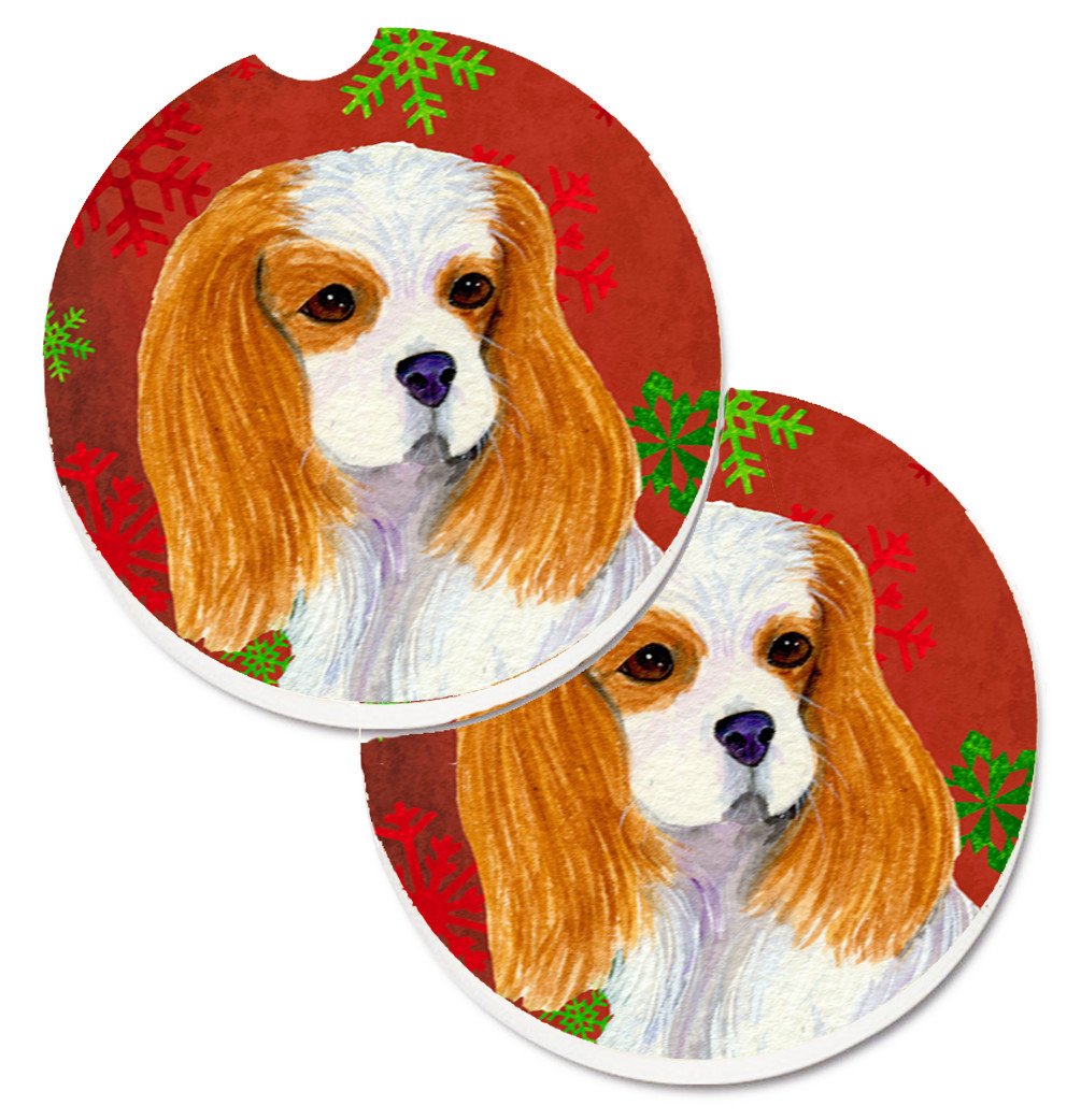 Cavalier Spaniel Red and Green Snowflakes Holiday Christmas Set of 2 Cup Holder Car Coasters SS4734CARC by Caroline&#39;s Treasures