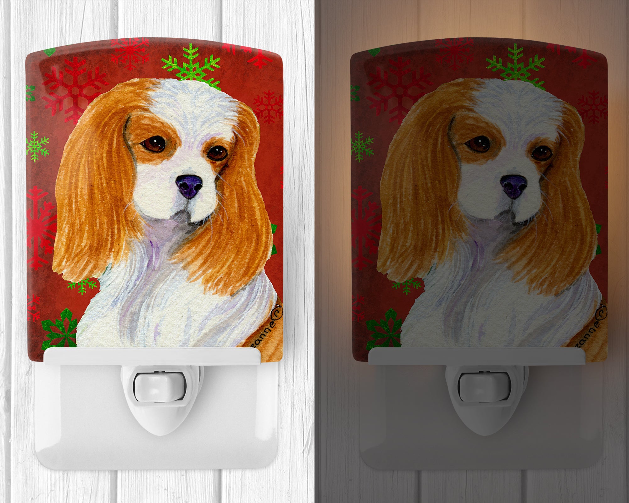 Cavalier Spaniel Red and Green Snowflakes Holiday Christmas Ceramic Night Light SS4734CNL - the-store.com