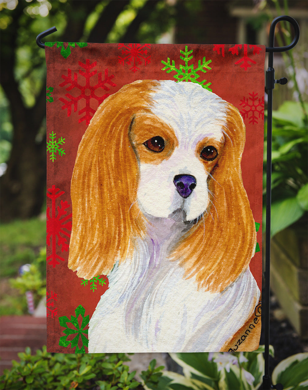 Cavalier Spaniel Red and Green Snowflakes Holiday Christmas Flag Garden Size