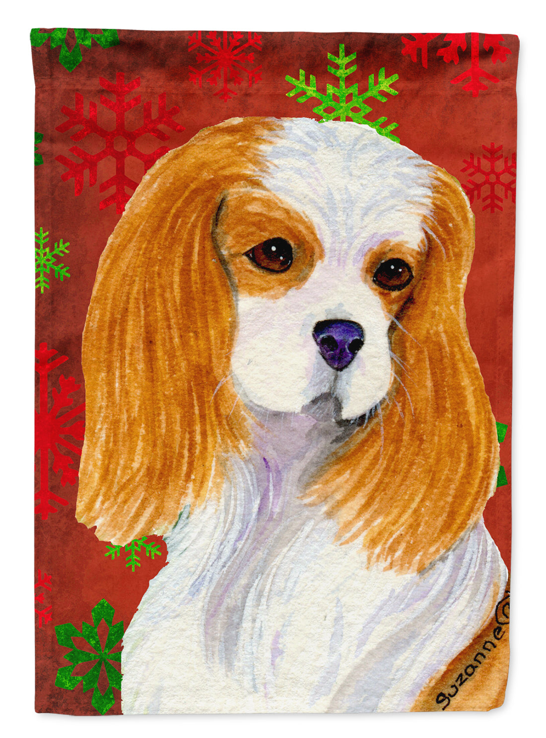 Cavalier Spaniel Red and Green Snowflakes Holiday Christmas Flag Garden Size.