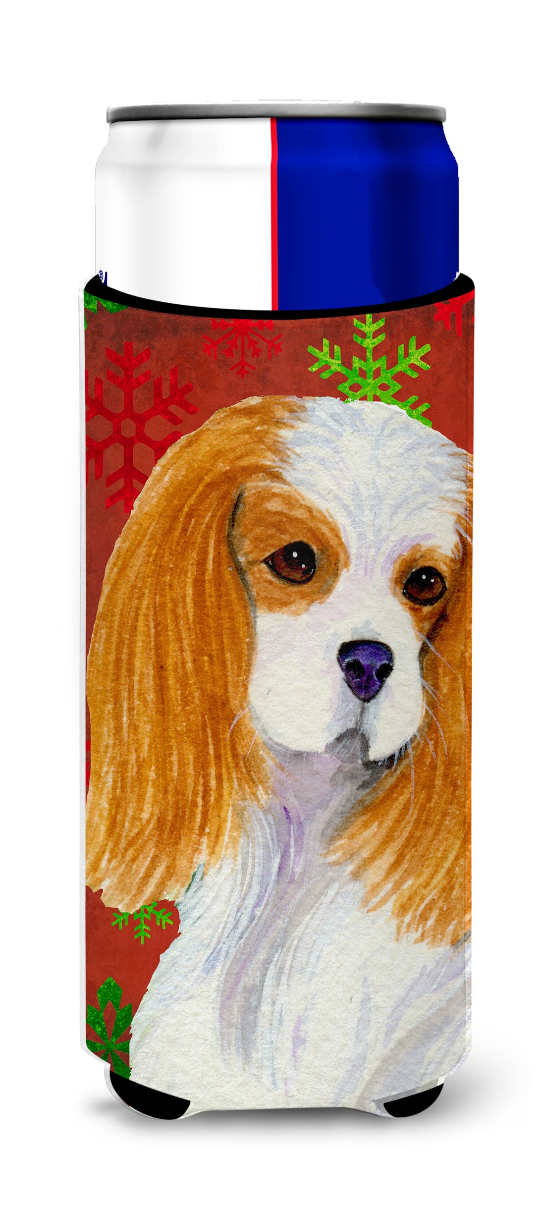 Cavalier Spaniel Red and Green Snowflakes Holiday Christmas Ultra Beverage Insulators for slim cans SS4734MUK.