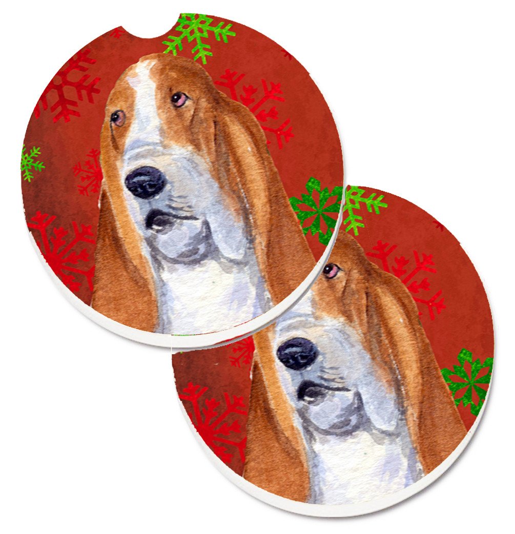 Basset Hound Red and Green Snowflakes Holiday Christmas Set of 2 Cup Holder Car Coasters SS4735CARC by Caroline&#39;s Treasures