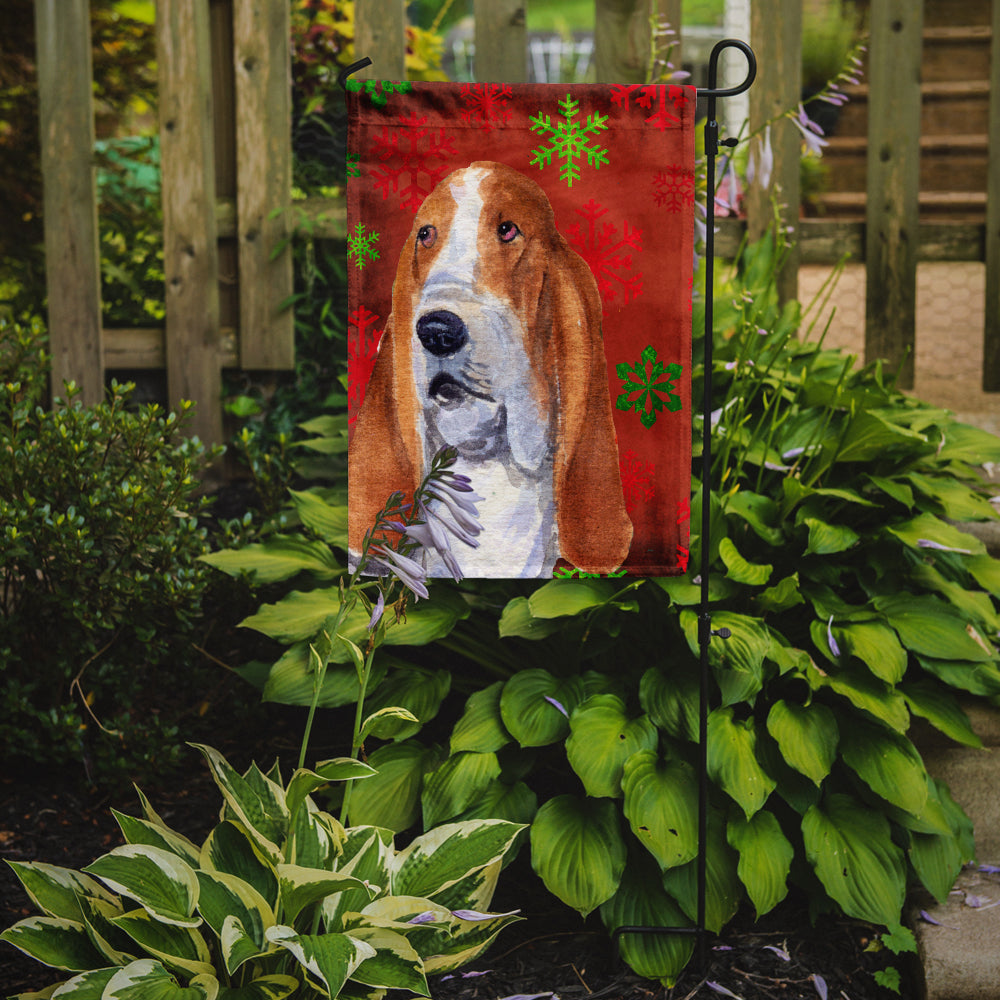Basset Hound Red and Green Snowflakes Holiday Christmas Flag Garden Size.