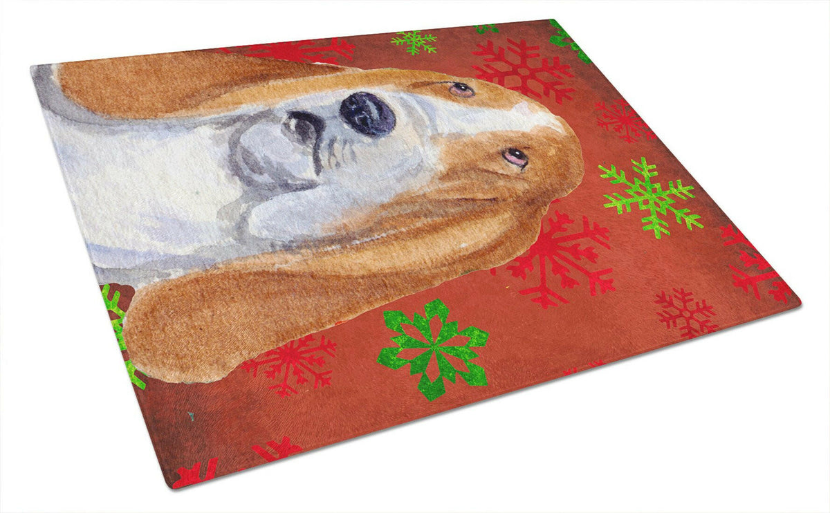 Basset Hound Red and Green Snowflakes Christmas Glass Cutting Board Large by Caroline&#39;s Treasures