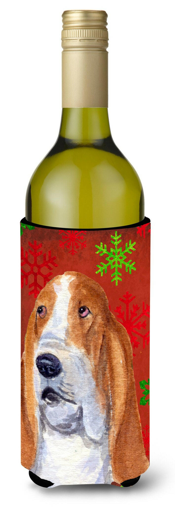Basset Hound Red and Green Snowflakes Holiday Christmas Wine Bottle Beverage Insulator by Caroline&#39;s Treasures