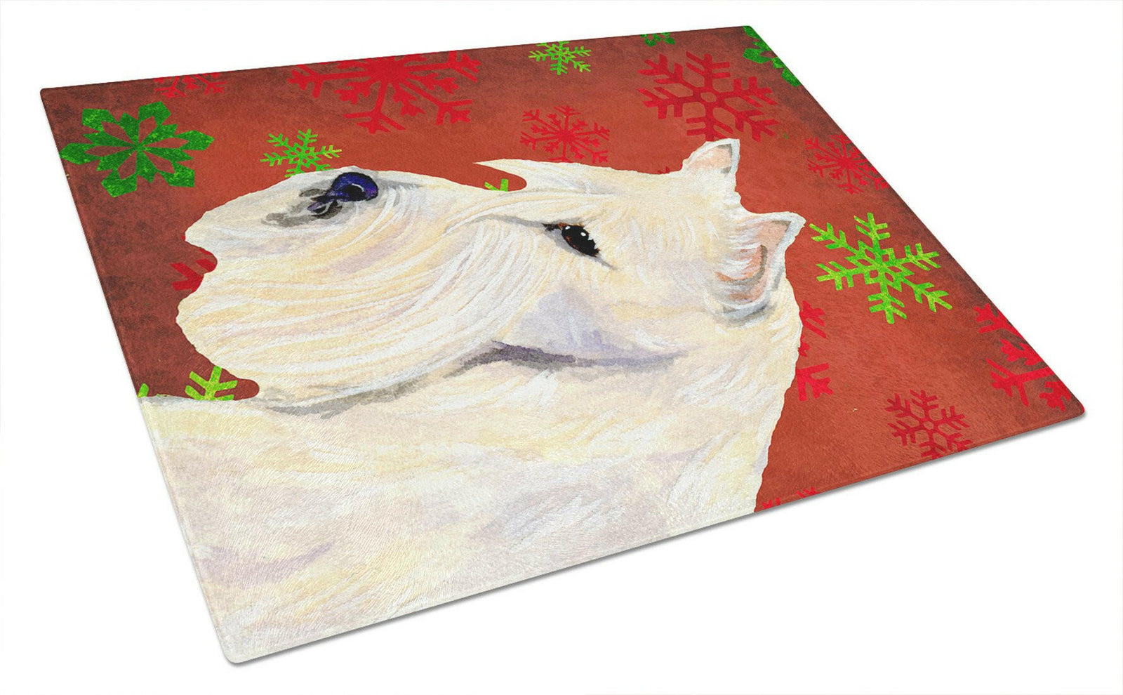 Scottish Terrier Red and Green Snowflakes Christmas Glass Cutting Board Large by Caroline's Treasures