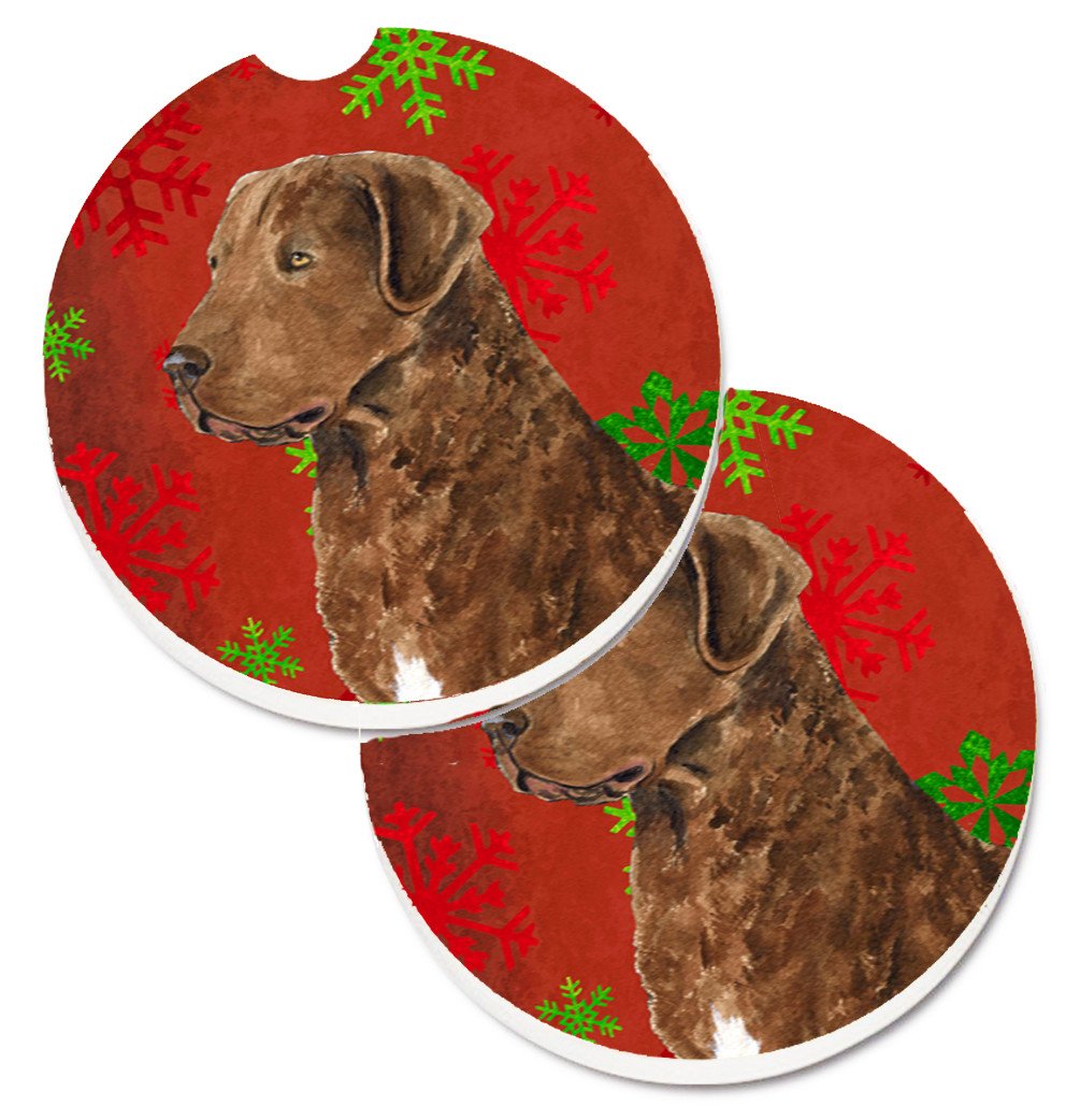 Chesapeake Bay Retriever Red Snowflakes Holiday Christmas Set of 2 Cup Holder Car Coasters SS4738CARC by Caroline&#39;s Treasures