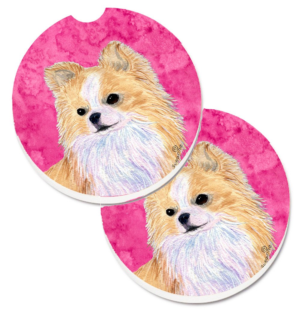 Pink Longhaired Chihuahua Set of 2 Cup Holder Car Coasters SS4750-PKCARC by Caroline&#39;s Treasures