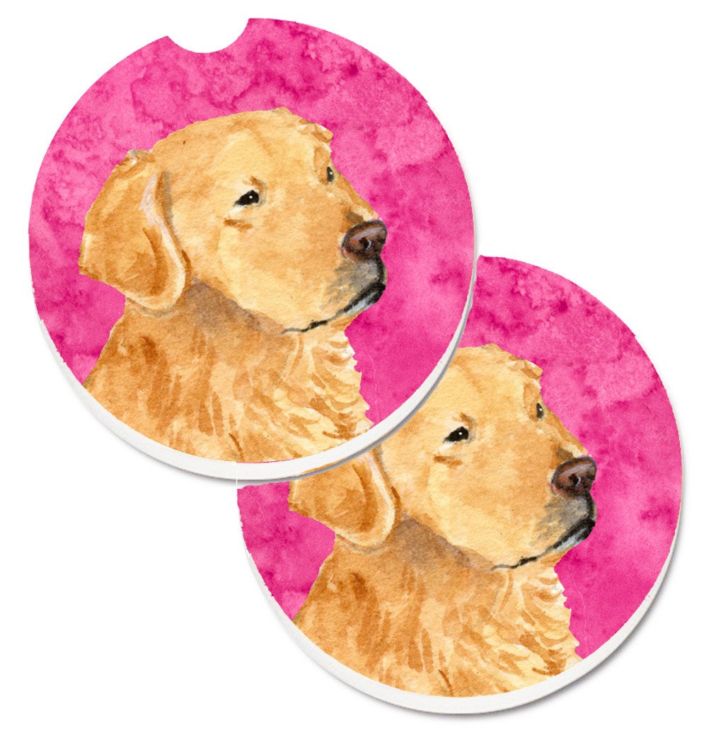 Pink Golden Retriever Set of 2 Cup Holder Car Coasters SS4752-PKCARC by Caroline&#39;s Treasures