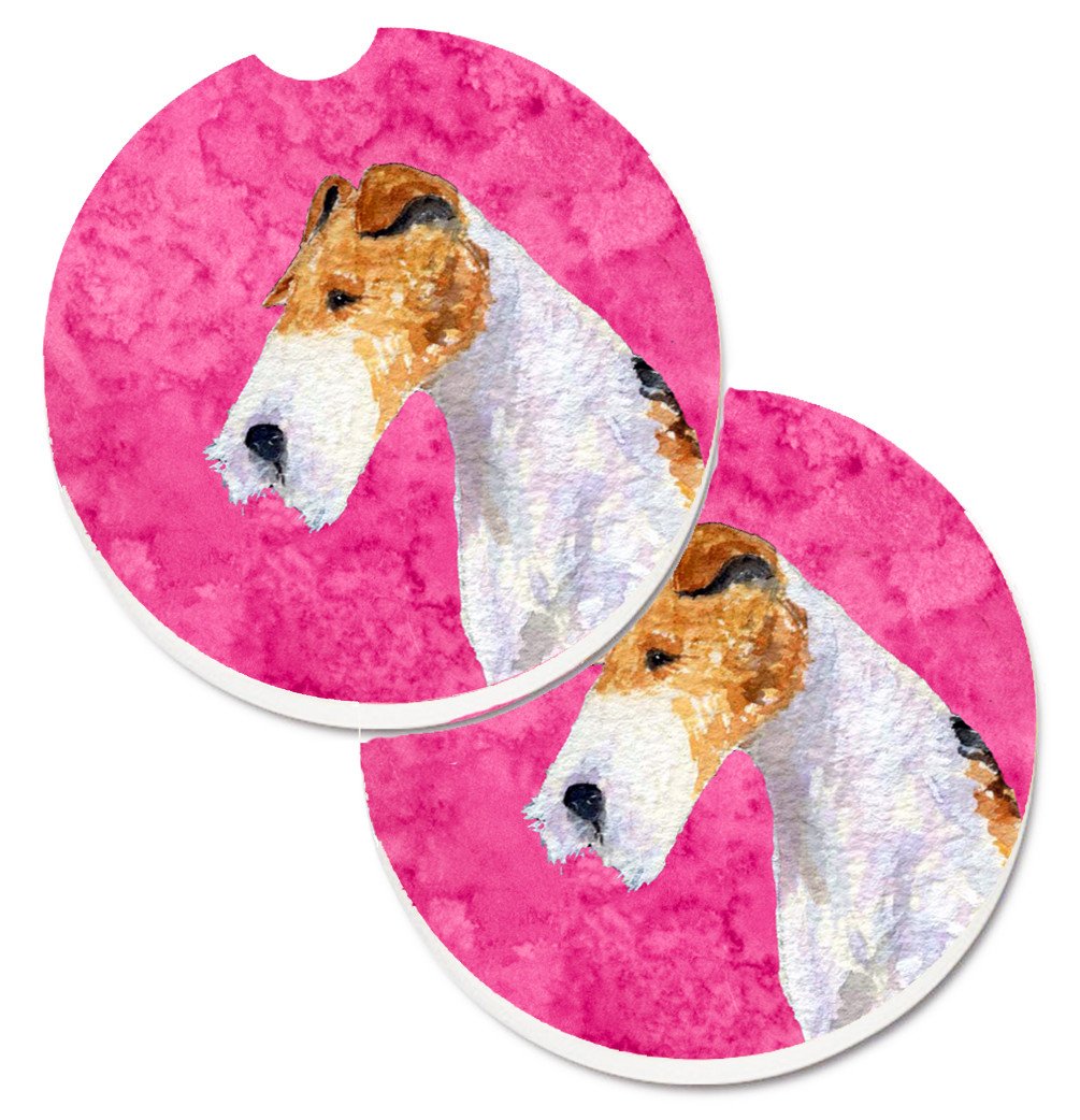 Pink Wire Fox Terrier Set of 2 Cup Holder Car Coasters SS4754-PKCARC by Caroline&#39;s Treasures