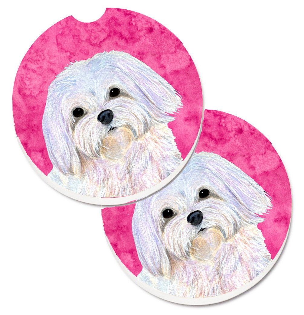 Pink Maltese Set of 2 Cup Holder Car Coasters SS4758-PKCARC by Caroline&#39;s Treasures