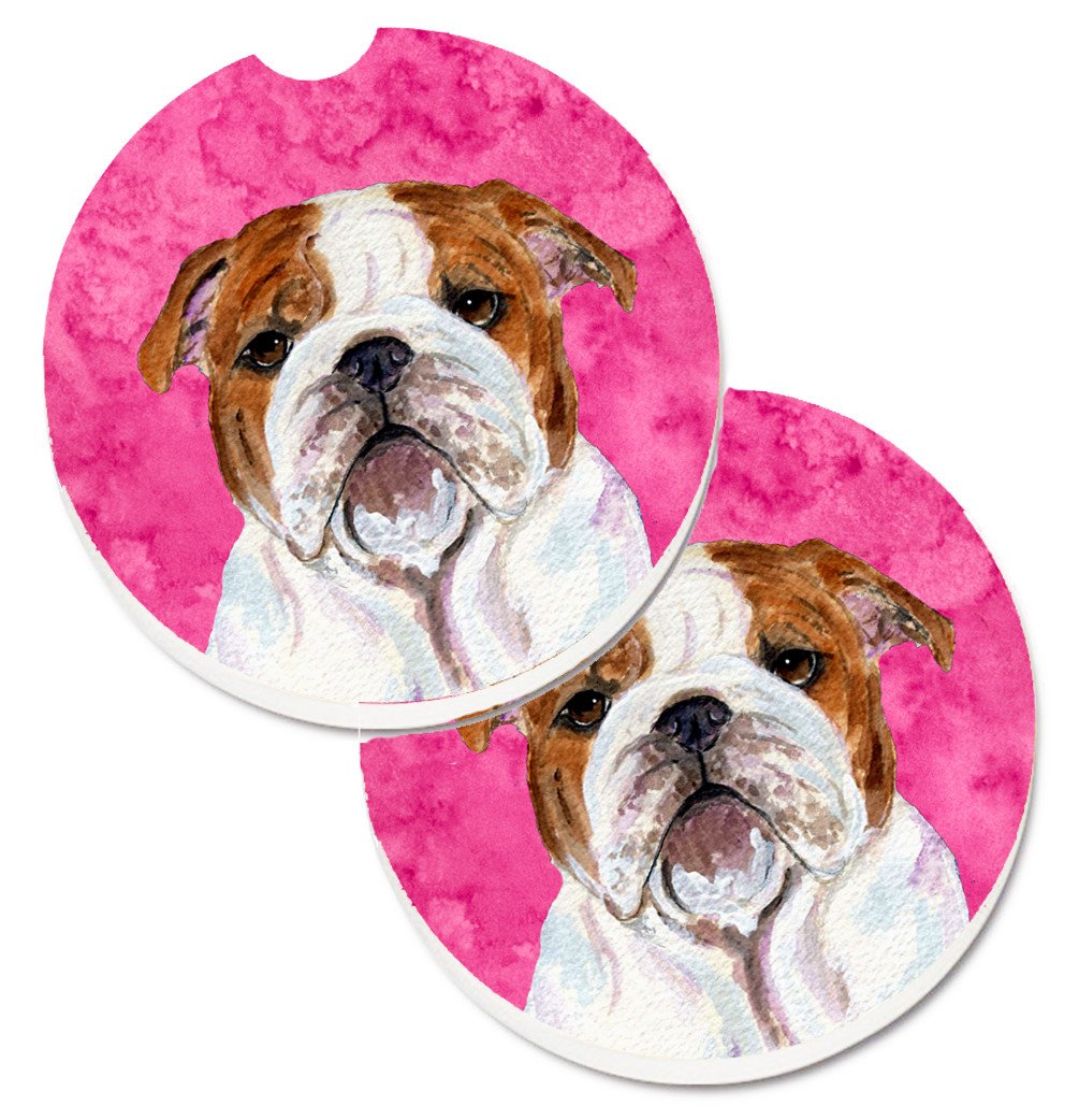 Pink English Bulldog Set of 2 Cup Holder Car Coasters SS4760-PKCARC by Caroline&#39;s Treasures
