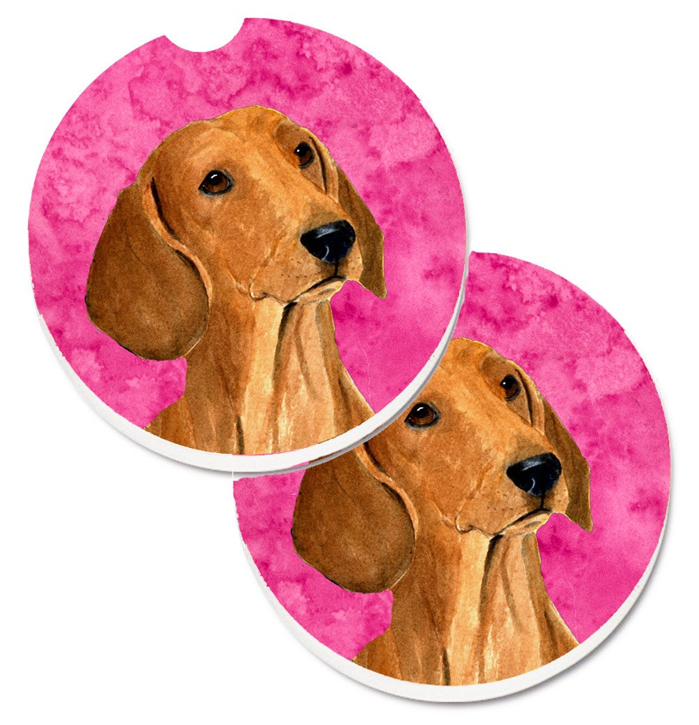 Pink Red Smooth Dachshund Set of 2 Cup Holder Car Coasters SS4763-PKCARC by Caroline&#39;s Treasures