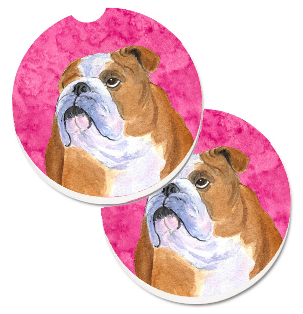 Pink English Bulldog Set of 2 Cup Holder Car Coasters SS4767-PKCARC by Caroline&#39;s Treasures