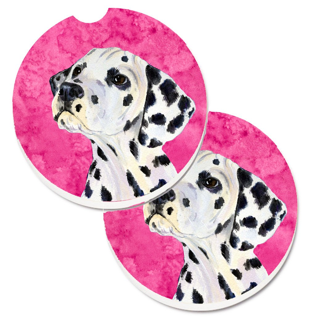 Pink Dalmatian Set of 2 Cup Holder Car Coasters SS4768-PKCARC by Caroline&#39;s Treasures