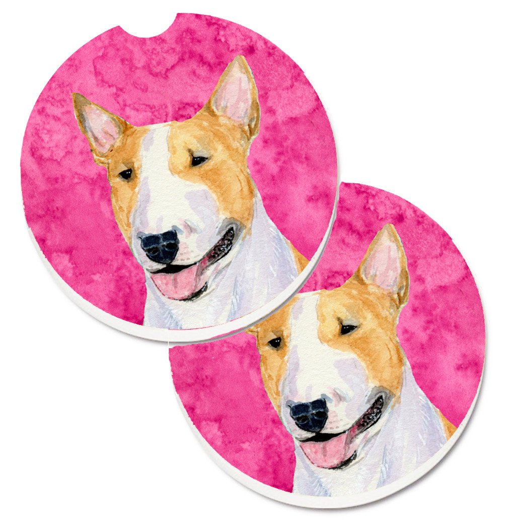 Pink Bull Terrier Set of 2 Cup Holder Car Coasters SS4772-PKCARC by Caroline&#39;s Treasures