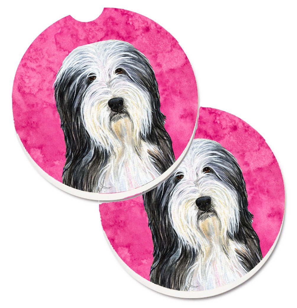 Pink Bearded Collie Set of 2 Cup Holder Car Coasters SS4773-PKCARC by Caroline&#39;s Treasures