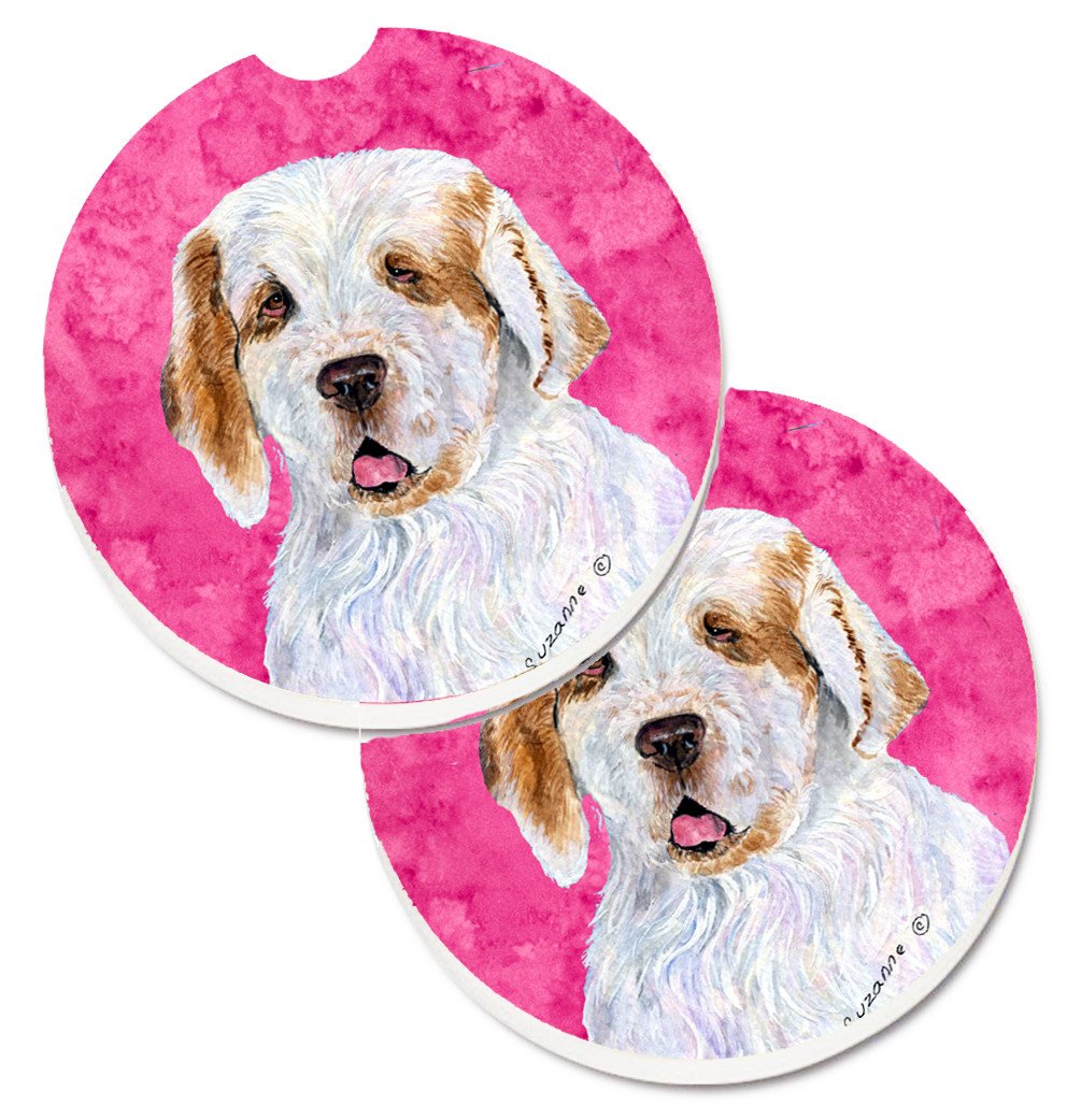 Pink Clumber Spaniel Set of 2 Cup Holder Car Coasters SS4776-PKCARC by Caroline&#39;s Treasures