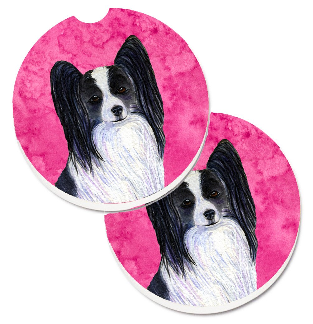 Pink Papillon Set of 2 Cup Holder Car Coasters SS4781-PKCARC by Caroline&#39;s Treasures